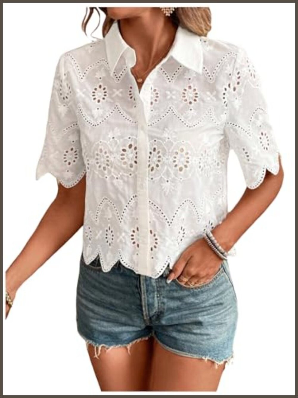 Women's Eyelet Button Down Crop Top Short Sleeve Collared Blouse